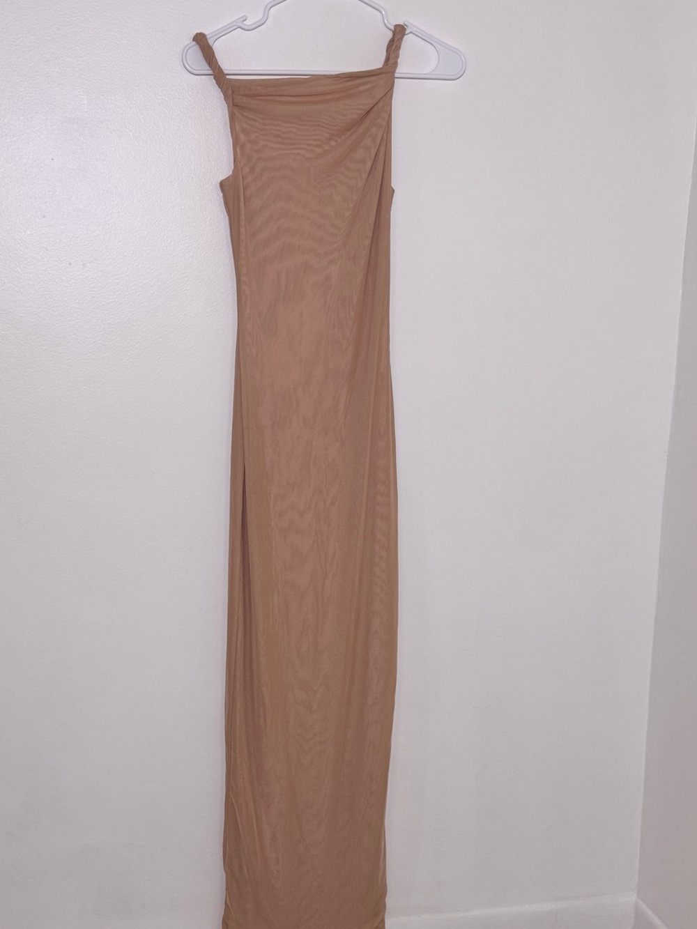 Fashion Nova XS Nude Mesh Maxi Dress Twisted Strap Draped Bodycon